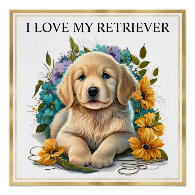 Watercolor Golden Retriever Puppy with Gold Frame Poster (Front)