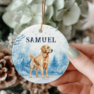 Watercolor Golden Retriever Winter Scene Christmas Ceramic Ornament