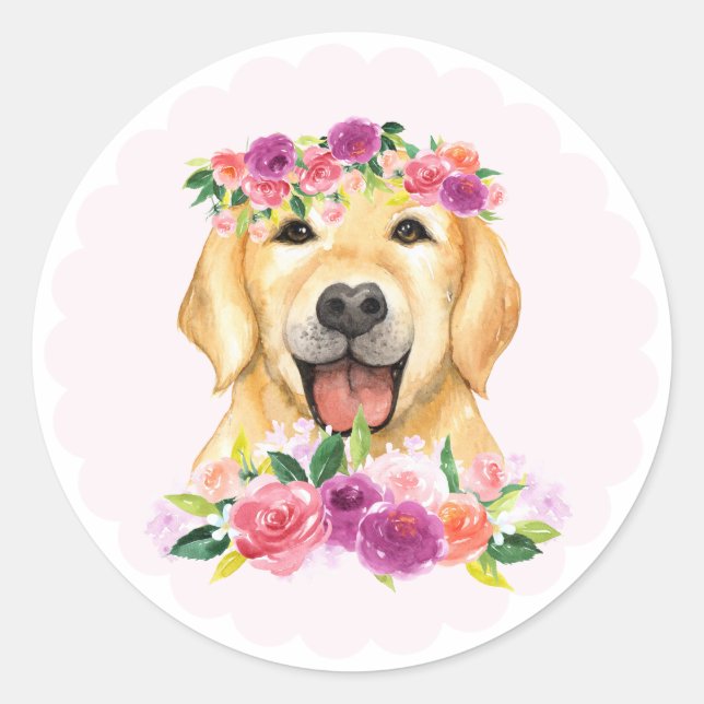 Watercolor Golden Retriever with Floral Crown Classic Round Sticker (Front)