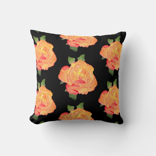 Watercolor Golden Roses on Black Cushion (Front)