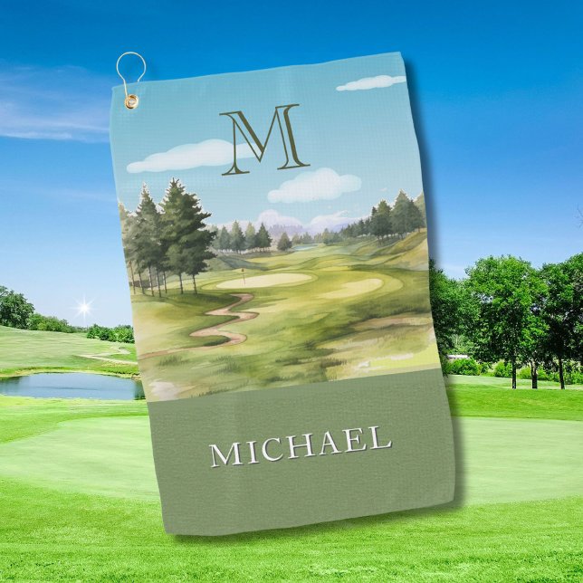 Watercolor Golf Course Monogram Name Golf Towel (Creator Uploaded)