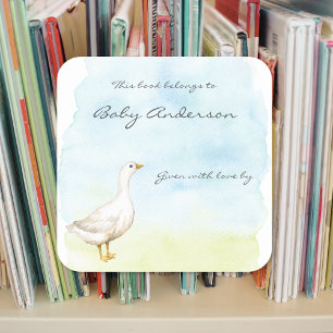 Watercolor goose baby shower bookplate square sticker