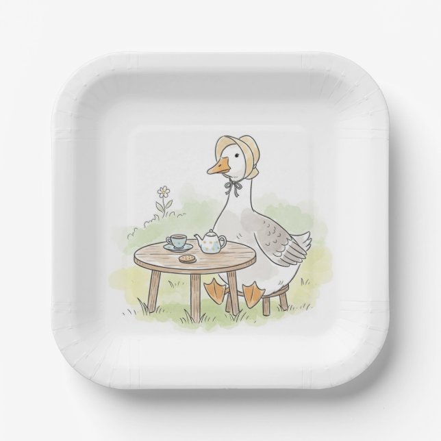 Watercolor Goose Tea Party Paper Plate (Front)