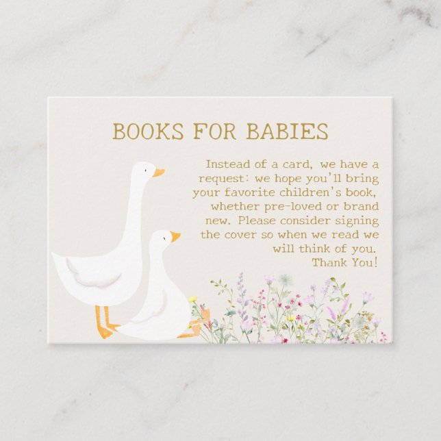 Watercolor Goose Twins Baby Shower Book Request Enclosure Card (Front)