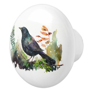 Watercolor Grackle On Branch Ceramic Knob