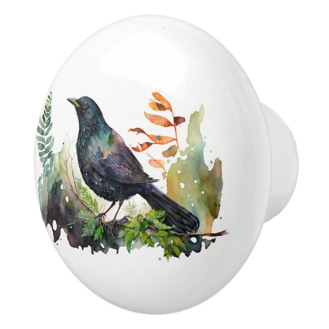 Watercolor Grackle On Branch  Ceramic Knob (Right)