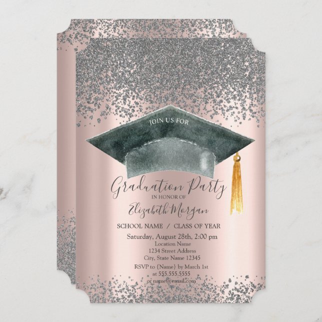 Watercolor Grad Cap,Diamonds Rose Gold Graduation  Invitation (Front/Back)