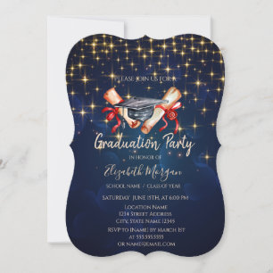 Watercolor Grad Cap Diploma Stars Invitation