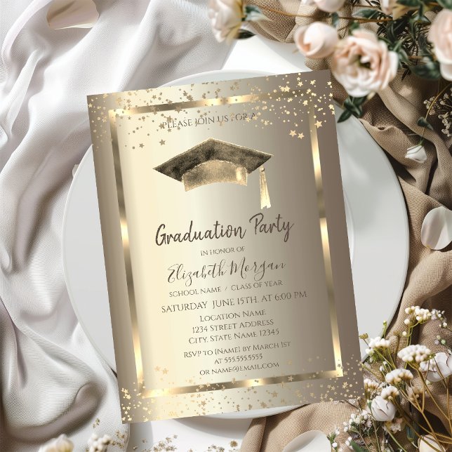 Watercolor Grad Cap Gold Stars Champagne Invitation (Creator Uploaded)