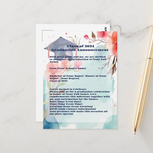 Watercolor Graduation Announcement Postcard (Front/Back In Situ)