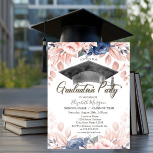 Watercolor Graduation Cap,Flowers Graduation   Invitation