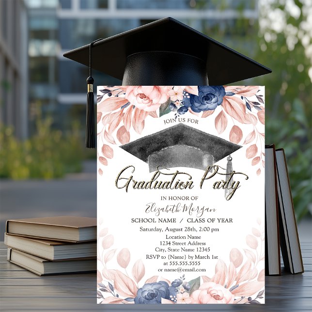 Watercolor Graduation Cap,Flowers Graduation   Invitation (Creator Uploaded)