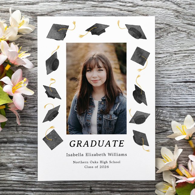 Watercolor Graduation Caps Multiple Photo Grad Announcement (Creator Uploaded)