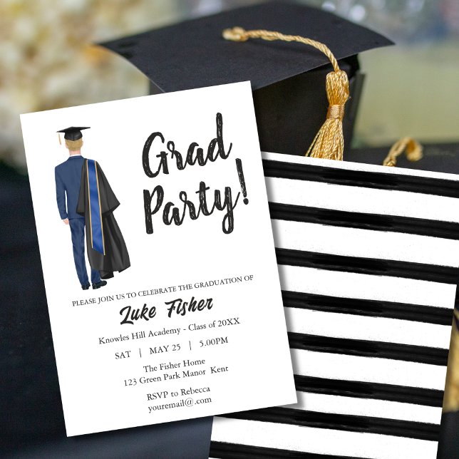 Watercolor Graduation Gown & Cap Young Man  Invitation (Creator Uploaded)