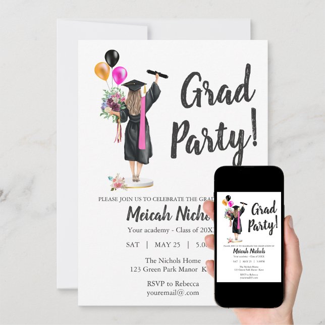 Watercolor Graduation Modern Trendy Girl Invite (Creator Uploaded)