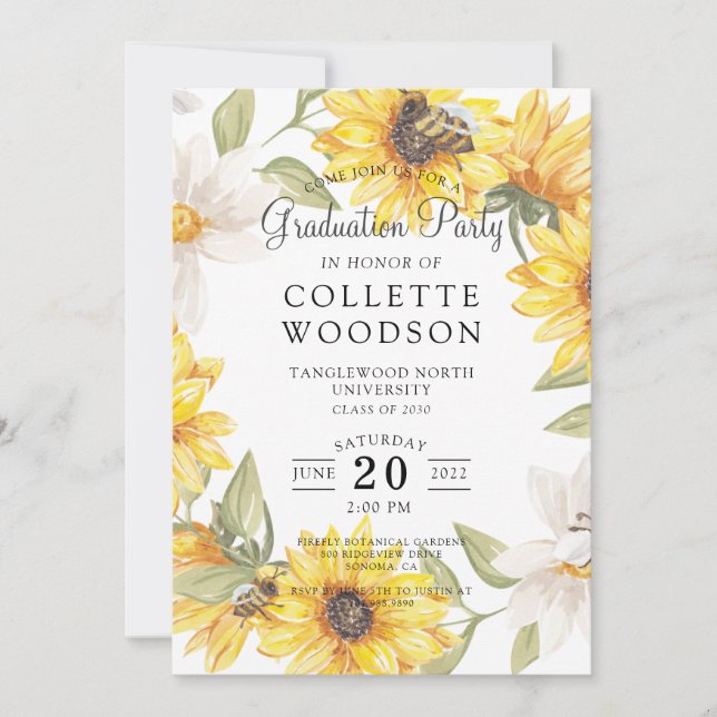 Watercolor Graduation Party Sunflowers Greenery  I Invitation (Front)