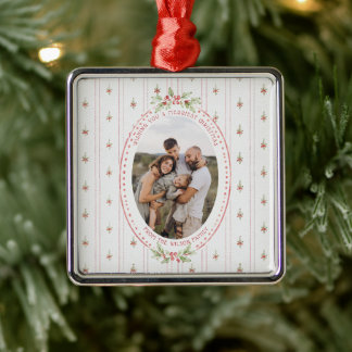 Watercolor Grandmillennial Greenery Oval Photo Metal Ornament