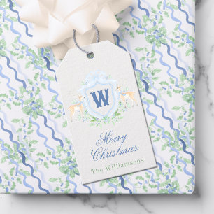 Watercolor Grandmillennial Reindeer Monogram Crest Gift Tags