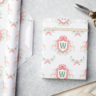 Watercolor Grandmillennial Reindeer Monogram Crest Wrapping Paper
