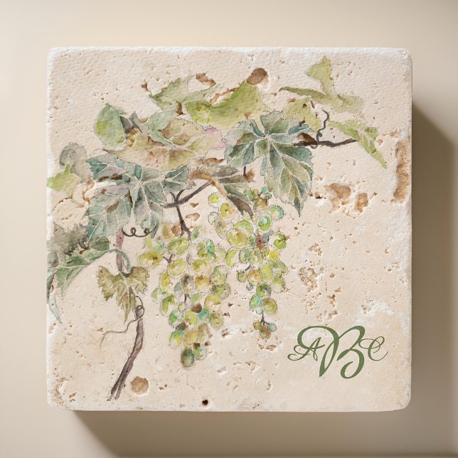 Watercolor Grape Vine Monogram Stone Coaster (Creator Uploaded)