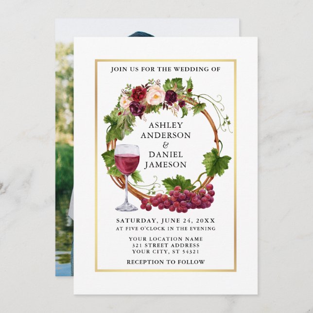 Watercolor Grape Vines Floral Wreath Photo Wedding Invitation (Front/Back)
