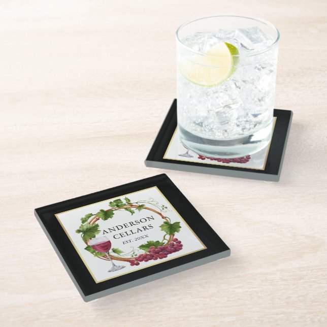 Watercolor Grape Vines Wine Cellar Gold Black Glass Coaster (Angled)