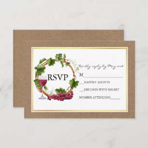 Watercolor Grape Vines Wood Wreath Kraft Wedding RSVP Card