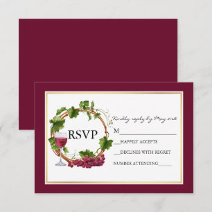 Watercolor Grape Vines Wreath Burgundy Wedding RSVP Card
