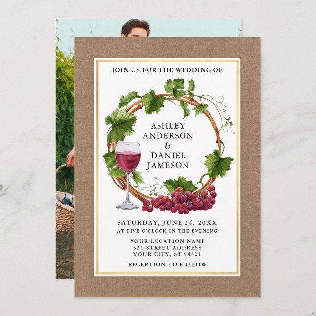 Watercolor Grape Vines Wreath Kraft Photo Wedding Invitation (Front/Back)