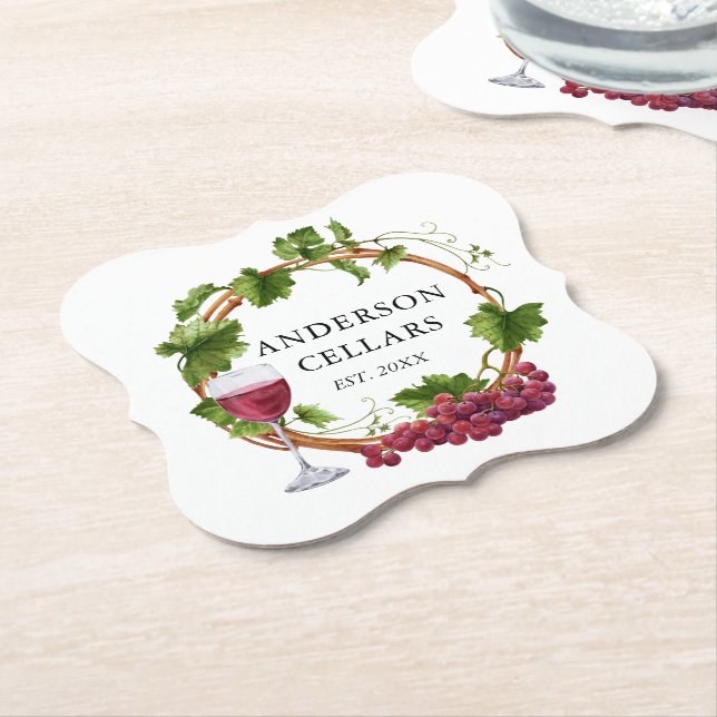 Watercolor Grape Vines Wreath Name Wine Cellar Paper Coaster (Angled)