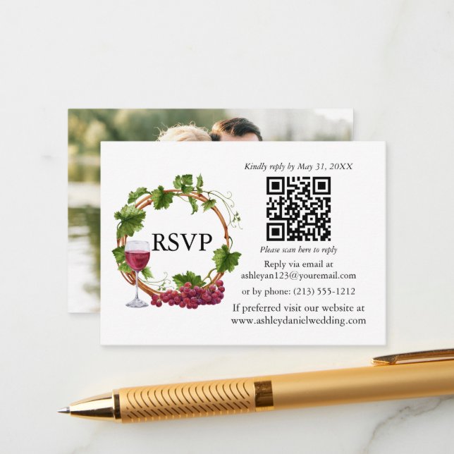 Watercolor Grape Vines Wreath Photo RSVP QR Enclosure Card (Front/Back In Situ)