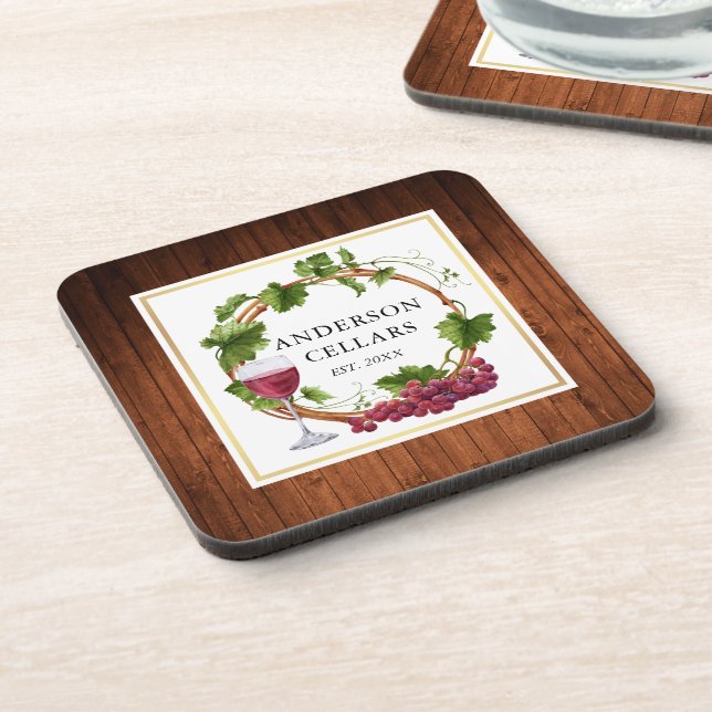 Watercolor Grape Vines Wreath Wine Cellar Name Coaster (Left Side)