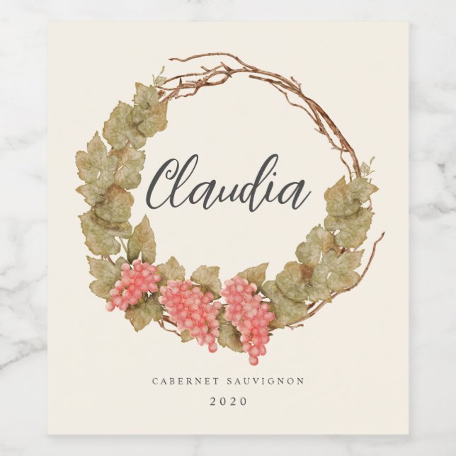 watercolor grape wine wreath homemade wine wine label (Single Label)