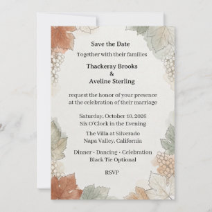 Watercolor Grapes, Autumn Leaves, Botanical Line A Invitation