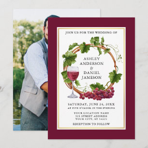 Watercolor Grapes Wreath Photo Burgundy Wedding Invitation
