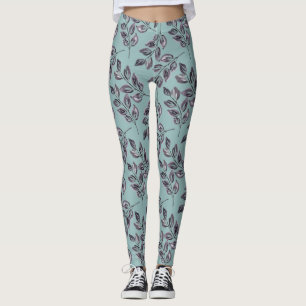 Watercolor gray, black twigs on a turquoise Leggings