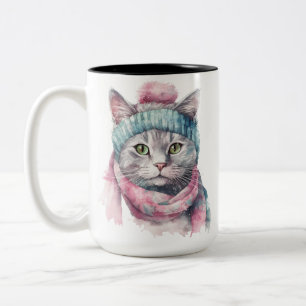 WATERCOLOR GRAY TABBY WITH PINK & BLUE HAT SCARF Two-Tone COFFEE MUG