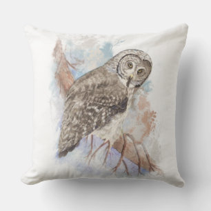 Watercolor Great Grey Owl Bird Nature Art Cushion