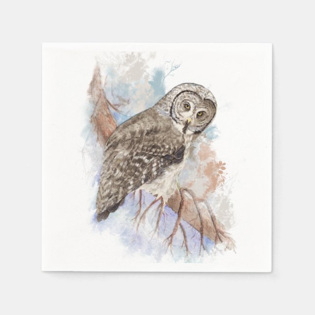 Watercolor Great Grey Owl Bird Nature Art Napkin (Front)