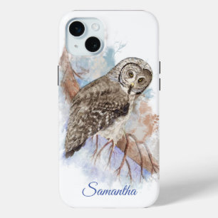 Watercolor Great Grey Owl Bird with Custom Name iPhone 15 Mini Case
