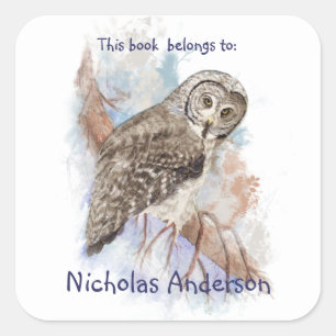 Watercolor Great Grey Owl Birds Bookplate art Square Sticker