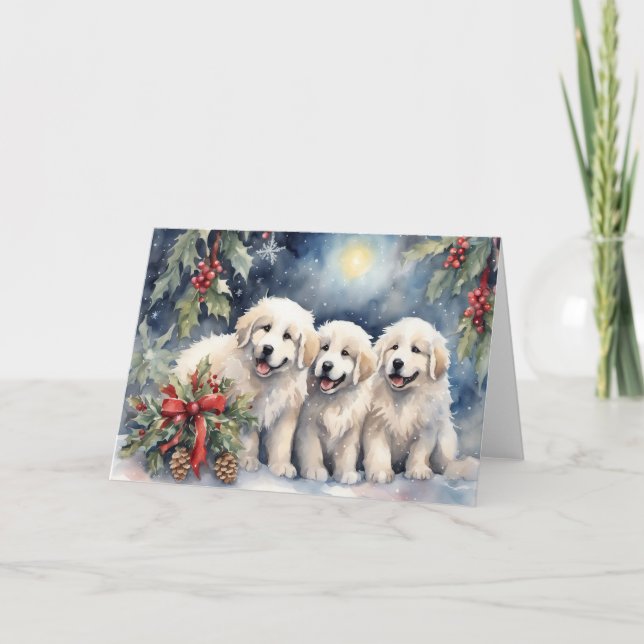 Watercolor Great Pyrenees Puppies 2 Xmas Scene Card (Front)