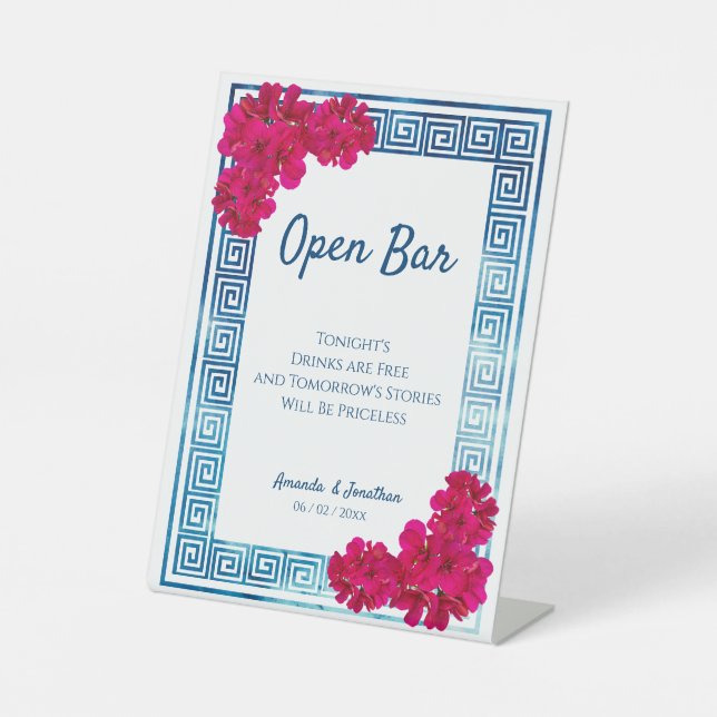 Watercolor Grecian Elegance + Pink Open Bar Pedestal Sign (Front)