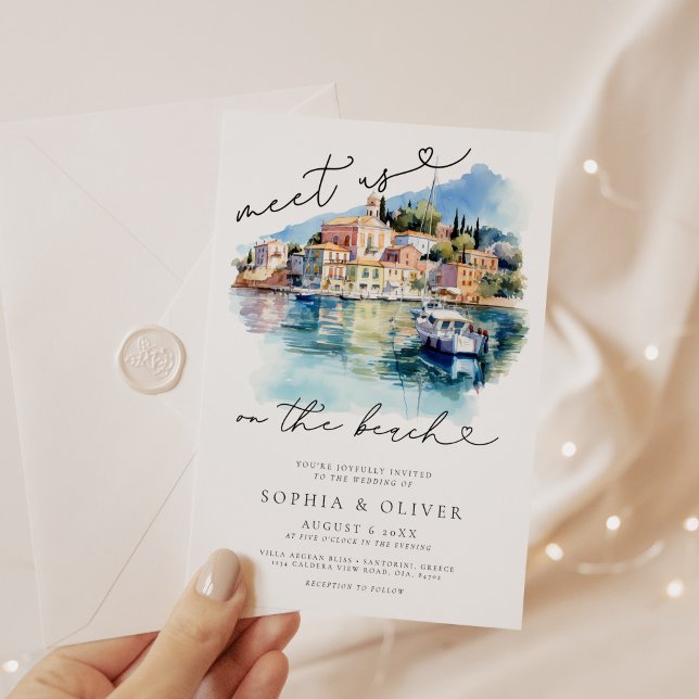 Watercolor Greece Beach Destination Wedding Invitation (Creator Uploaded)