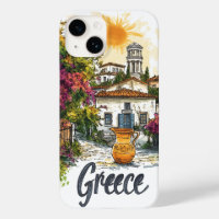 Watercolor Greece: Village Scene with Flowers