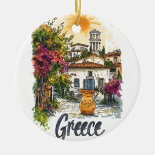 Watercolor Greece: Village Scene with Flowers Ceramic Ornament