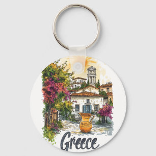 Watercolor Greece: Village Scene with Flowers Key Ring