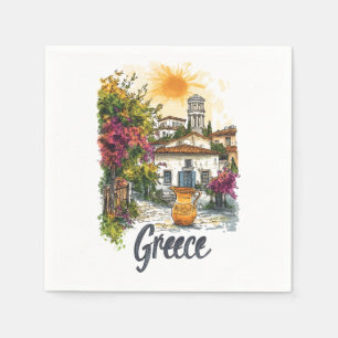 Watercolor Greece: Village Scene with Flowers Napkin