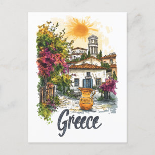 Watercolor Greece: Village Scene with Flowers Postcard