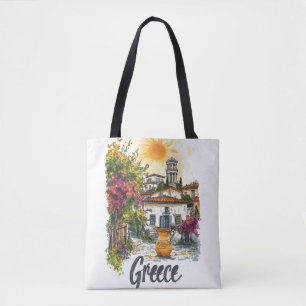 Watercolor Greece: Village Scene with Flowers Tote Bag